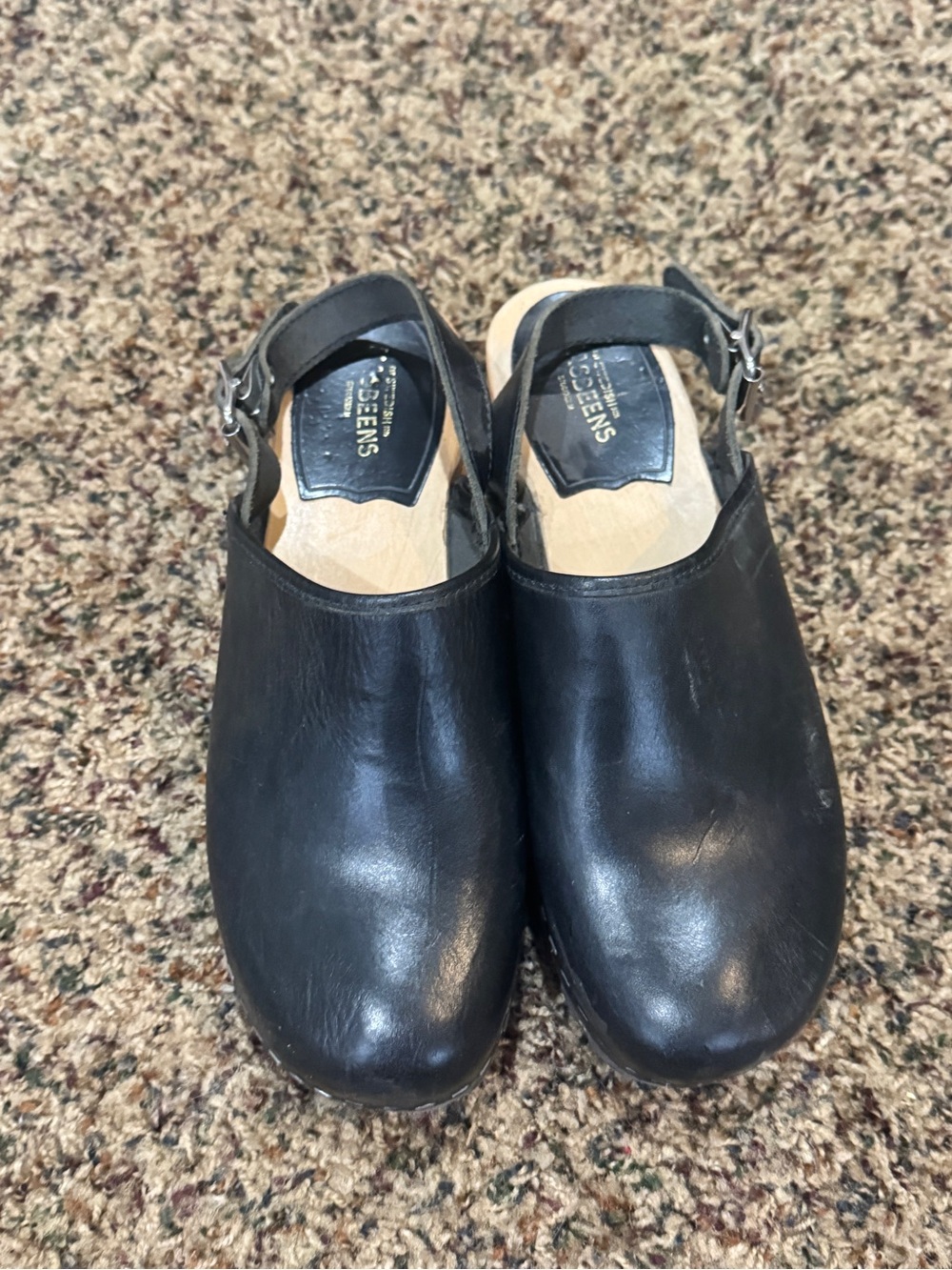 Swedish Hasbeens Black Leather Slingback Clogs